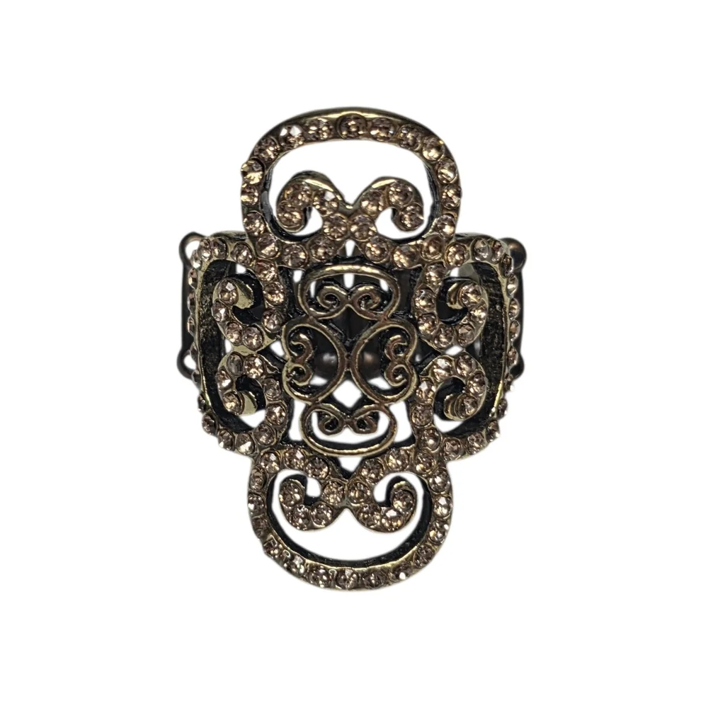 Regal Regalia Copper Tone Stretch Cocktail Ring With Gold Rhinestone Crystals